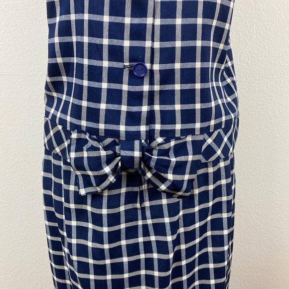 Vintage 60s Two-Piece Dress Straight Skirt Drop Waist Top Medium Blue Check Bow - Picture 7 of 11